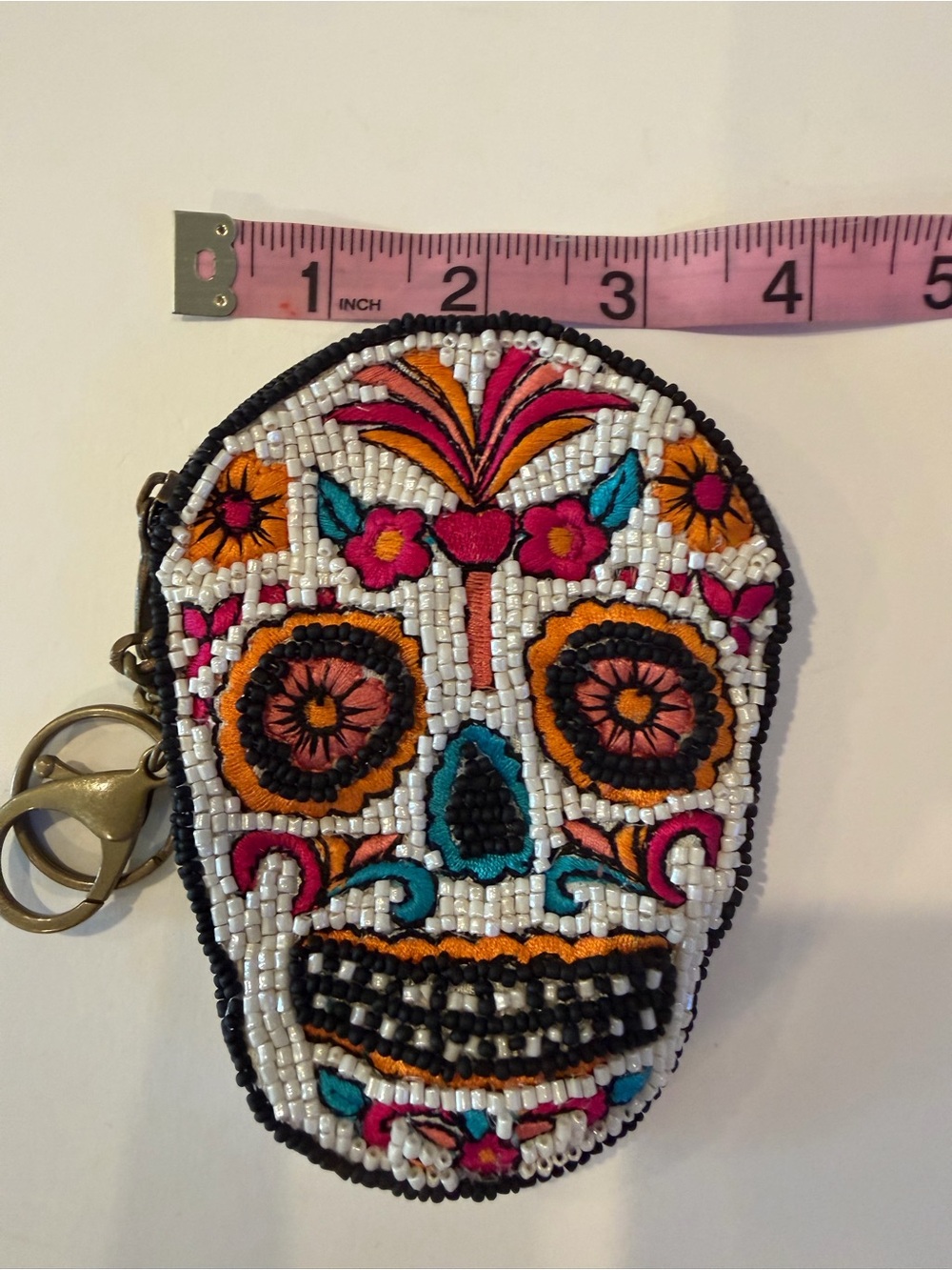 Mary Frances Sugar Skull Coin Purse Keychain - White with Orange, Pink & Teal - Picture 3 of 4
